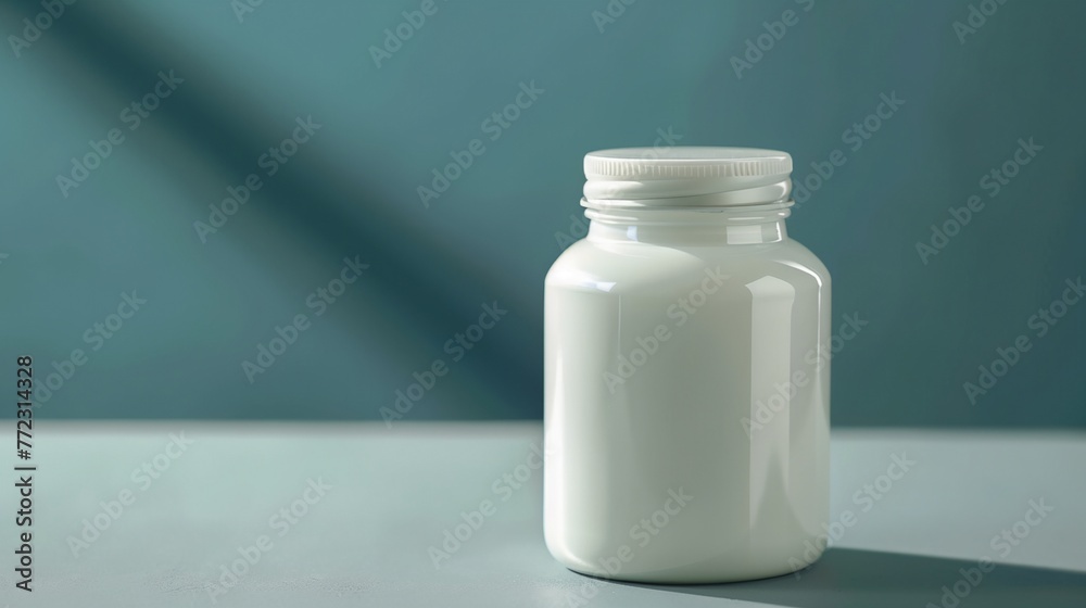 a white bottle with on a blue background a white bottle with on a blue background