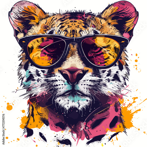 Leopard head with sunglasses and colorful blots. Vector illustration