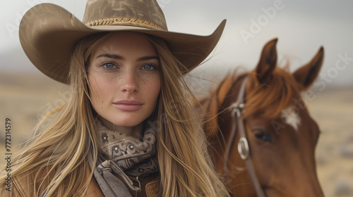 Attractive cowgirl in a hat with a horse, outdoors.