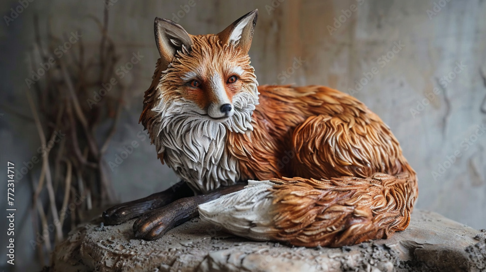 Fototapeta premium Detailed 3D clay sculpture of a fox, intricate fur texture, adorable and realistic