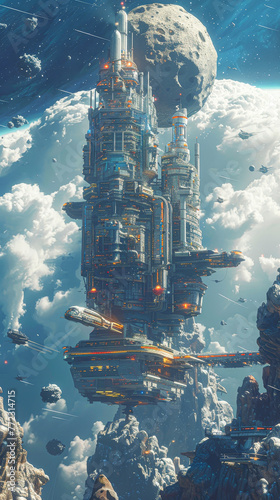A futuristic city is shown in the sky with a large building in the middle. The building is surrounded by smaller buildings and has a large space station on top
