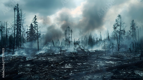 Charred remnants of a forest fire, a haunting reminder of the consequences of climate change photo