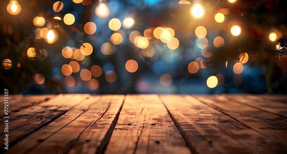 a wooden table with a blurry background of lights a wooden table with a blurry background of lights