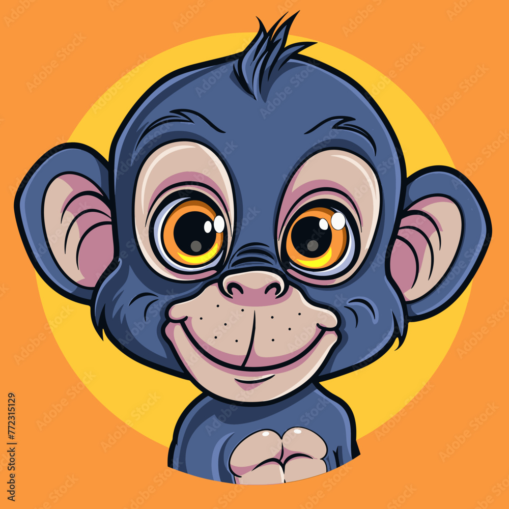 Cute monkey cartoon on orange background. Vector illustration of funny monkey