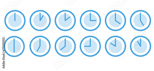 Vector clocks in medium stroke style showing each hour , illustrator black and white, icon, time passing, time, blue theme