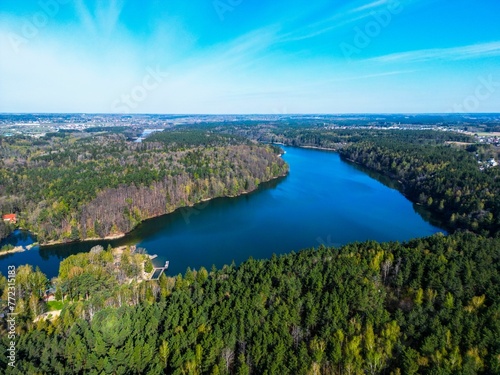 Aerial view of a lake surrounded by a forest on a sunny day