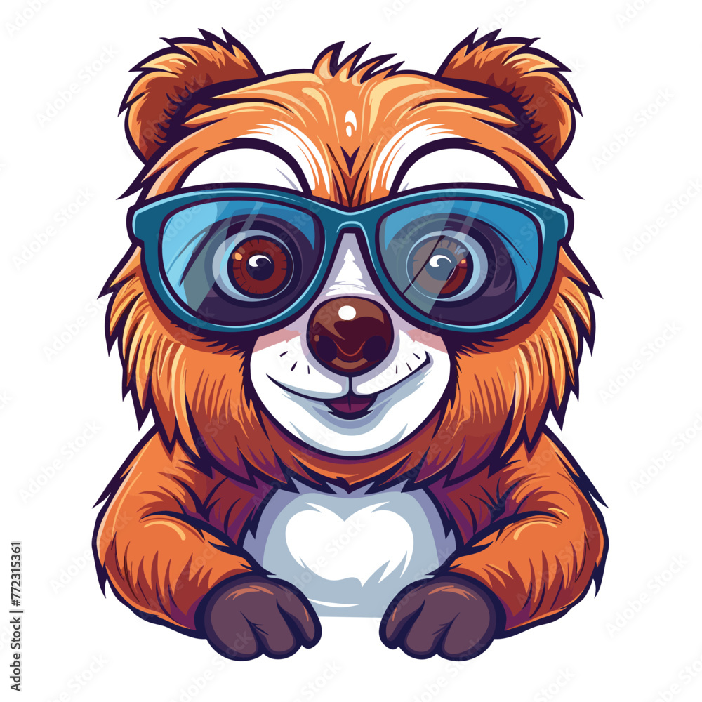 A cartoon bear wearing sunglasses and smiling. The bear is wearing a pair of blue sunglasses and has a heart on its chest A cartoon bear wearing sunglasses and smiling. The bear is wearing a pair of blue sunglasses and has a heart on its chest