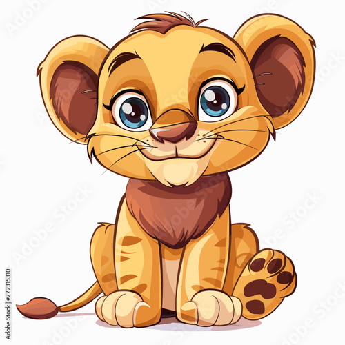 A cartoon lion cub is sitting on its haunches with its mouth open and its eyes wide. The lion cub is smiling and he is happy