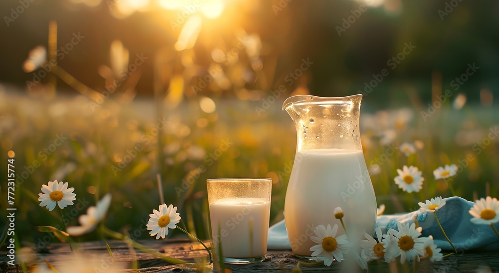 A glass of milk and a pitcher in a field of flowers A glass of milk and a pitcher in a field of flowers