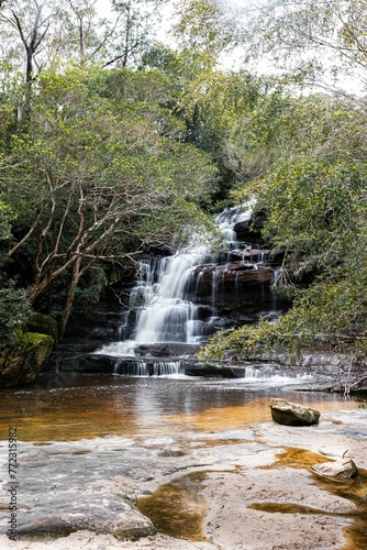 Fototapeta Naklejka Na Ścianę i Meble -  Water cascading off the rocks at Somersby Waterfall. Somersby, Central Coast, NSW, Australia