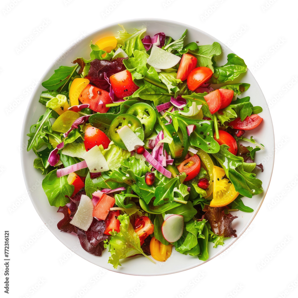 Garden salad on white plate against transparent background