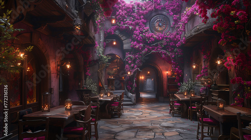 Enchanting medieval tavern interior with purple flowers and atmospheric lighting.