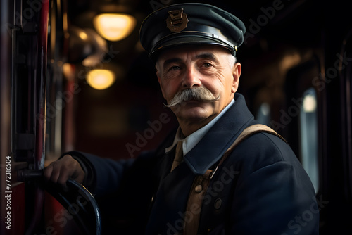 Train driver with uniform inside the train © jimenezar