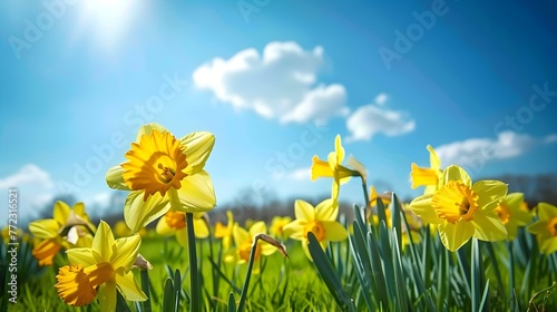 spring flower daffodil yellow color blue sky white cloud