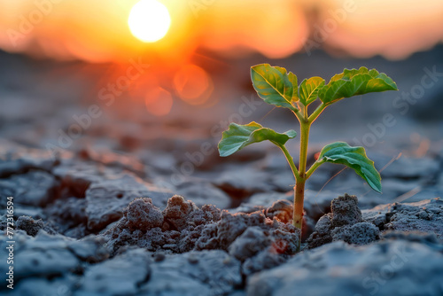 Resilience of nature seedling emerging from dry cracked soil, green sapling struggling to emerge at sunrise, new start at dawn photo