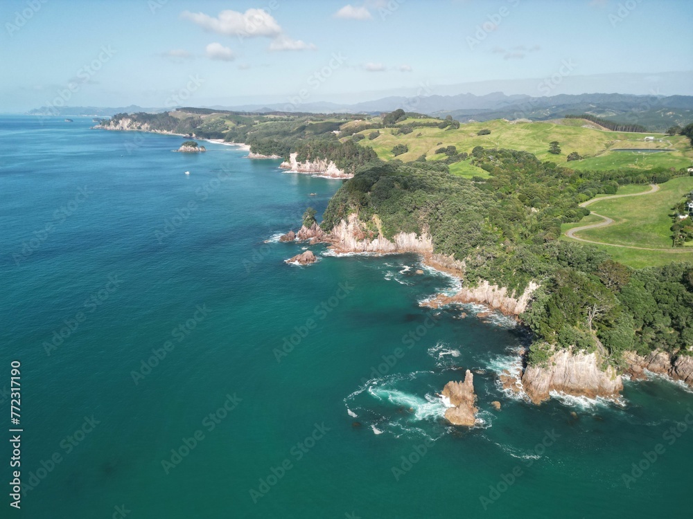 Aerial view of an isolated island on a sunny day. East coast of the Coromandel