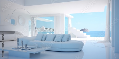 Clean lines and airy spaces define a minimalist interior accented with shades of sky blue and pristine white. © Naseem