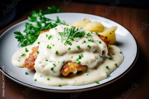 Indulgent Schnitzel bechamel sauce. Chop with the sauce in the plate on the table. Generate AI