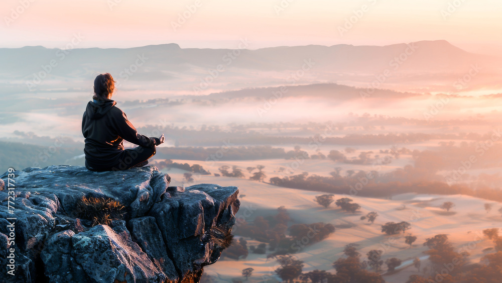 A serene woman meditating on a mountain cliff at sunrise, surrounded by a tranquil and scenic landscape.