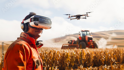 A farmer using a virtual reality headset to operate a drone over a field, with a tractor working in the background.