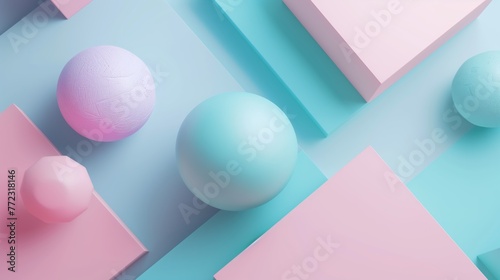 Pastel Geometric Abstract Background with 3D Spheres and Cubes in Soft Pink and Blue Tones, Minimal Design for Visual Content