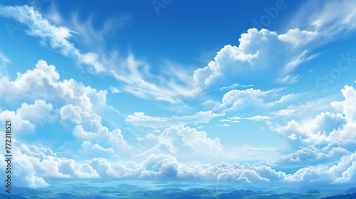 Blue sky and cloud with meadow tree. Plain landscape background for summer poster. Generate AI © VinaAmeliaGRPHIC