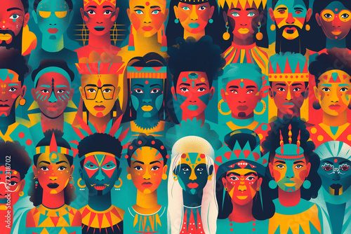 Colorful vector montage of diverse faces with geometric patterns, representing cultural diversity and beauty in a modern design Vivid vector artwork showcasing a tapestry of multicultural faces