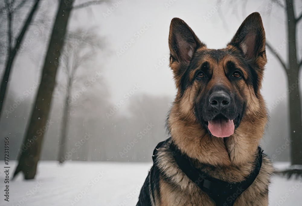 puppy breed German Shepherd walking in winter park