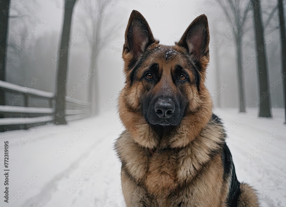 puppy breed German Shepherd walking in winter park puppy breed German Shepherd walking in winter park