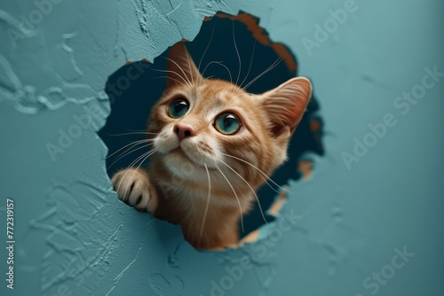 Curious Cat Peeking Through Torn Blue Paper © Jammy