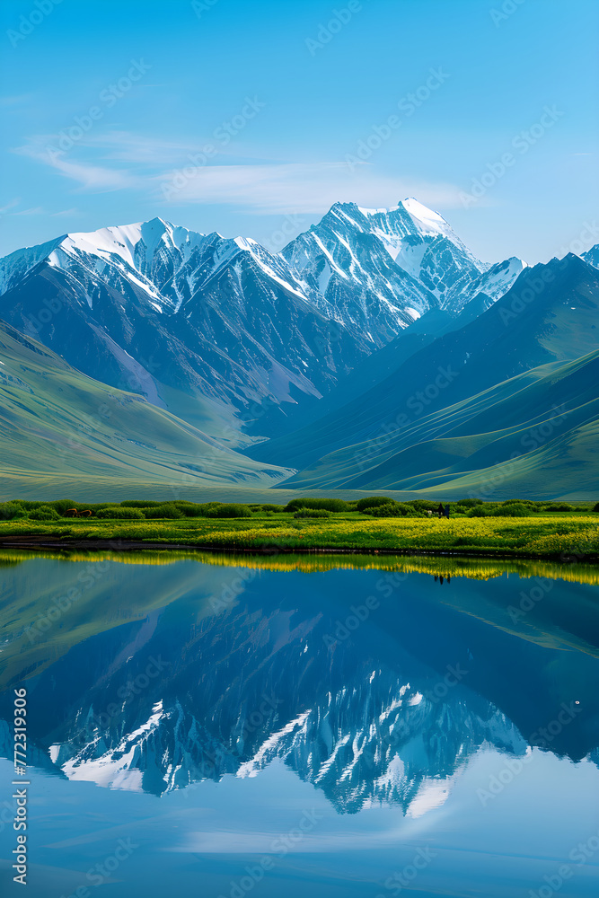 Reflective Beauty: The Mesmerising Landscape of a Reflecting Lake and Snow-Capped Mountains in a Kazakhstan National Park