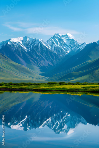 Reflective Beauty: The Mesmerising Landscape of a Reflecting Lake and Snow-Capped Mountains in a Kazakhstan National Park