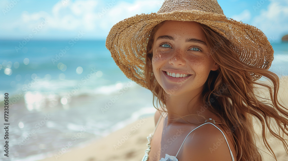 Smiling woman in sunhat on beach with sea backdrop
