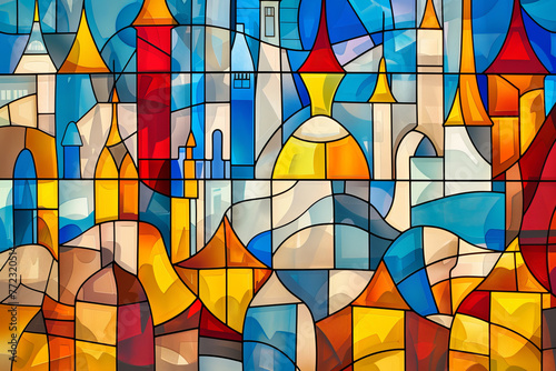 A colorful stained glass window with a cityscape in the background. The window is made up of many small pieces of glass, creating a mosaic effect. The colors of the glass are bright and vibrant