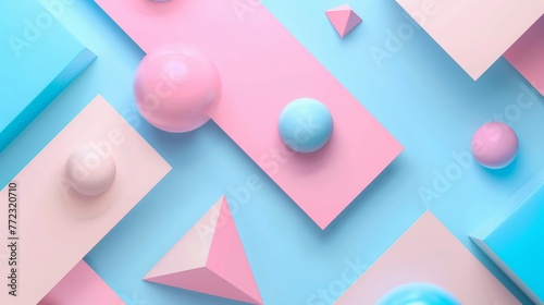Minimal Abstract 3D Pastel Background with Geometric Shapes, Floating Spheres, Pyramids, and Soft Color Blocks on Blue Surface