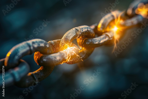 A chain with a broken link glowing brightly, representing the breakthrough moment leading to success