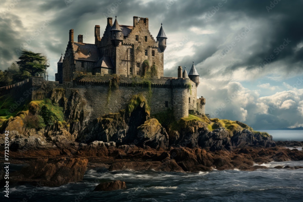Ominous Scot scottish castle. Fortress travel. Generate Ai - obrazy, fototapety, plakaty 