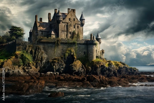Ominous Scot scottish castle. Fortress travel. Generate Ai photo