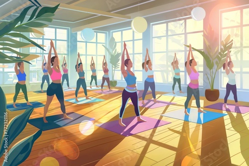 Women yoga class colorful cartoon illustration