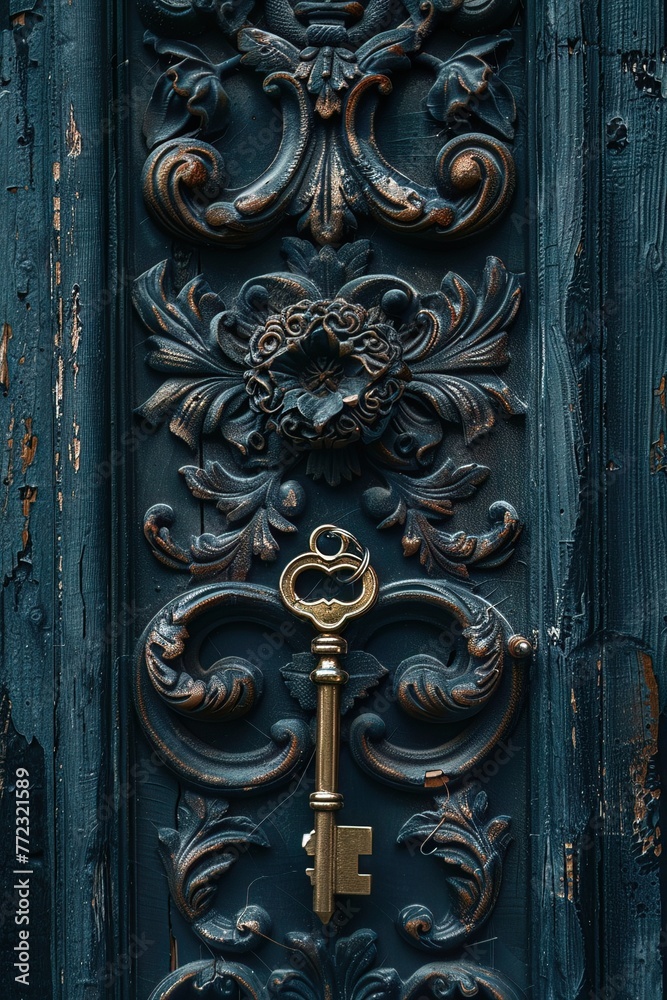 A key unlocking an ornate door, symbolizing the discovery of opportunities leading to success A key unlocking an ornate door, symbolizing the discovery of opportunities leading to success
