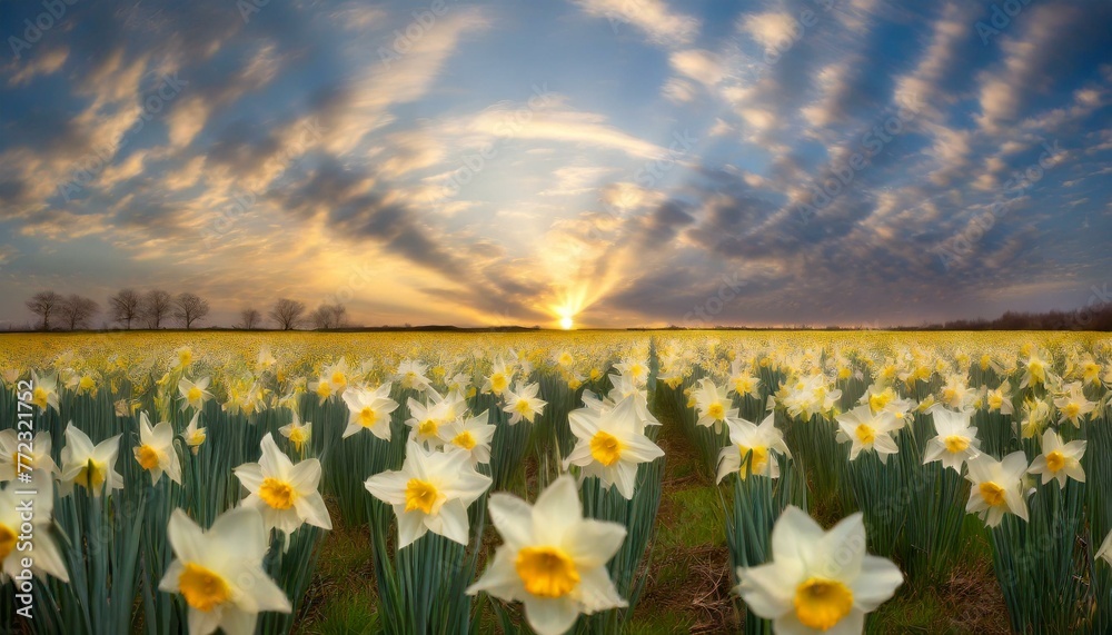 An infinite number of daffodils in the morning light at the golden hour. The sky is covered with small clouds. The sun is shining. AI Generated