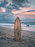 A lone surfboard standing upright in the sand at dusk, with waves gently breaking in the background
