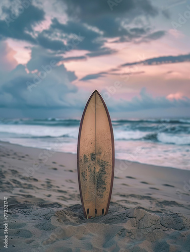 A lone surfboard standing upright in the sand at dusk, with waves gently breaking in the background © Shutter2U