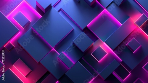 Futuristic Neon 3D Abstract Background with Glowing Pink and Blue Cubes Geometric Grid Pattern and Modern Technology Light Effects