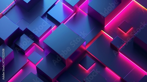 Futuristic Neon 3D Abstract Background with Glowing Pink and Blue Cubes Geometric Grid Structure and Modern Digital Light Effects