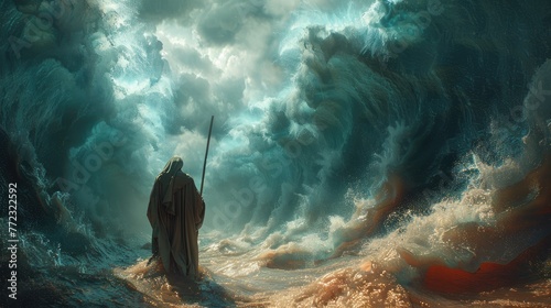 Portrait of the biblical back view of Moses dividing the sea with his stick: a depiction of divine power and liberation, with towering walls of water parting to reveal a path of destiny.