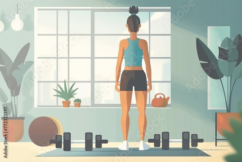 Woman exercise in a gym, training in a fitness center, flat cartoon illustration