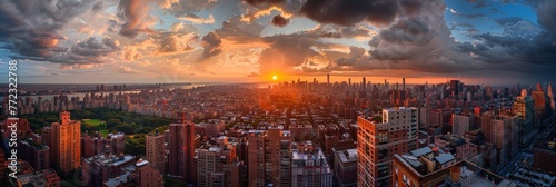 Sunset Over New York City Skyline with Dramatic Clouds