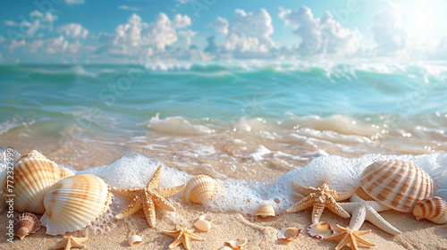 Summer panoramic background of beach with seashells and starfish