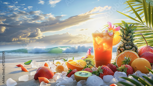 Um drinque de frutas tropicais arranjadas em composição com diversas frutas frescas, ao fundo um lindo mar com uma praia levemente desfocada photo